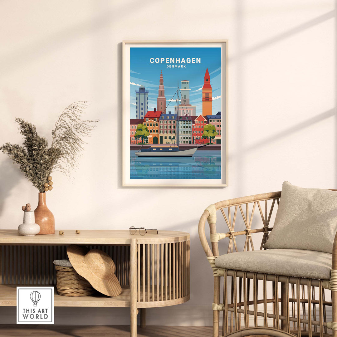 Copenhagen Print showcasing a minimalist vintage travel poster in a stylish interior setting with natural decor.