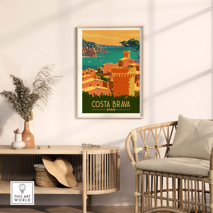 Costa Brava Print Spain in a minimalist frame, showcasing vibrant coastal scenery and vintage travel art.