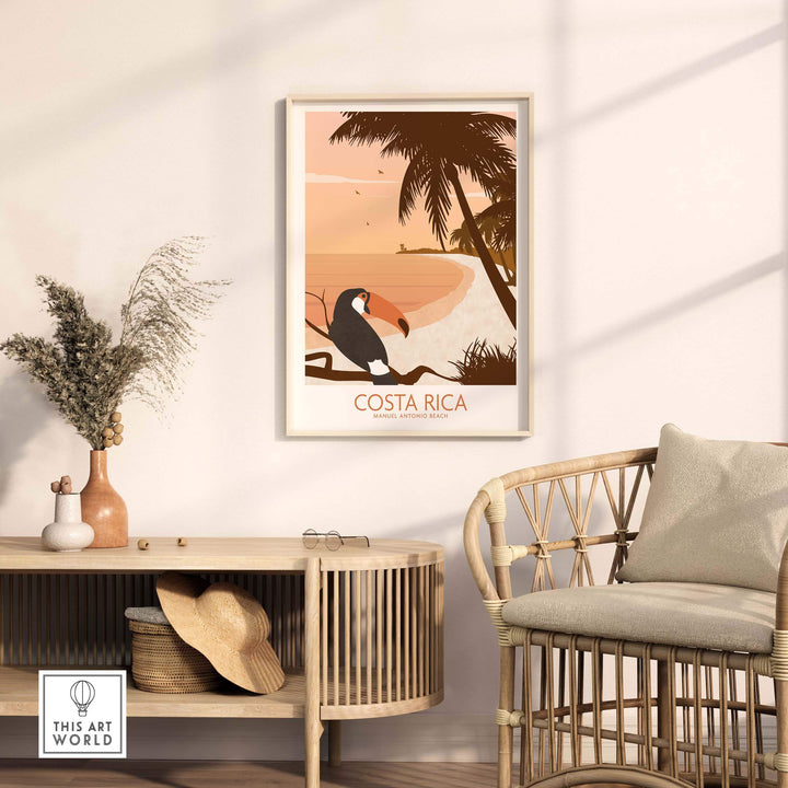 Costa Rica print poster featuring a toucan and tropical scenery in a modern minimalist style, displayed in a stylish interior.