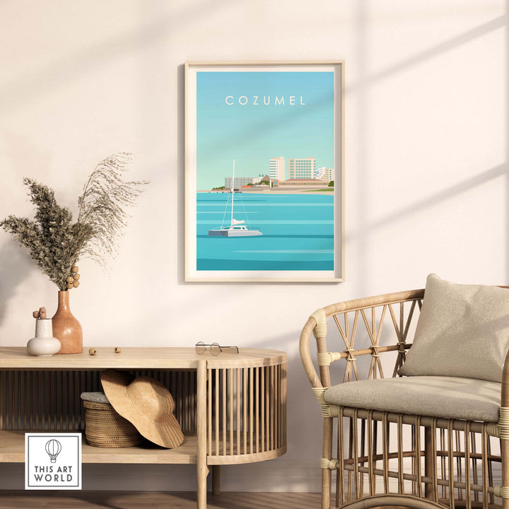 Cozumel art print displayed in a stylish living room with a boat on the water and a modern coastal design.