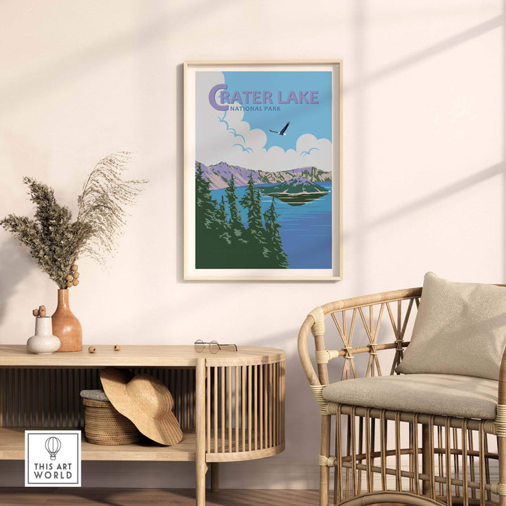 Framed Crater Lake National Park Print on wall showcasing vintage travel art and scenic nature.