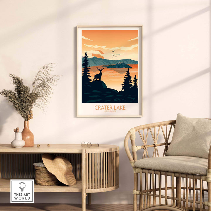 Crater Lake National Park poster art print displayed in a stylish living room setting.