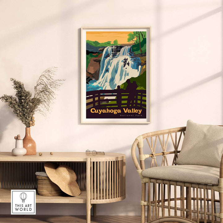 Cuyahoga Valley National Park poster featuring a waterfall, displayed in a stylish home setting with modern decor.
