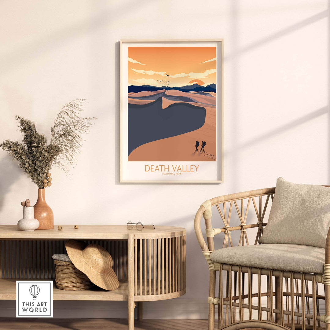 Death Valley National Park art print poster in minimalist style, framed and displayed in a stylish home interior.