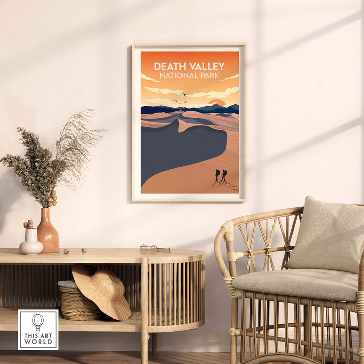 Death Valley National Park poster in a modern living room showcasing minimalist art and outdoor adventure.