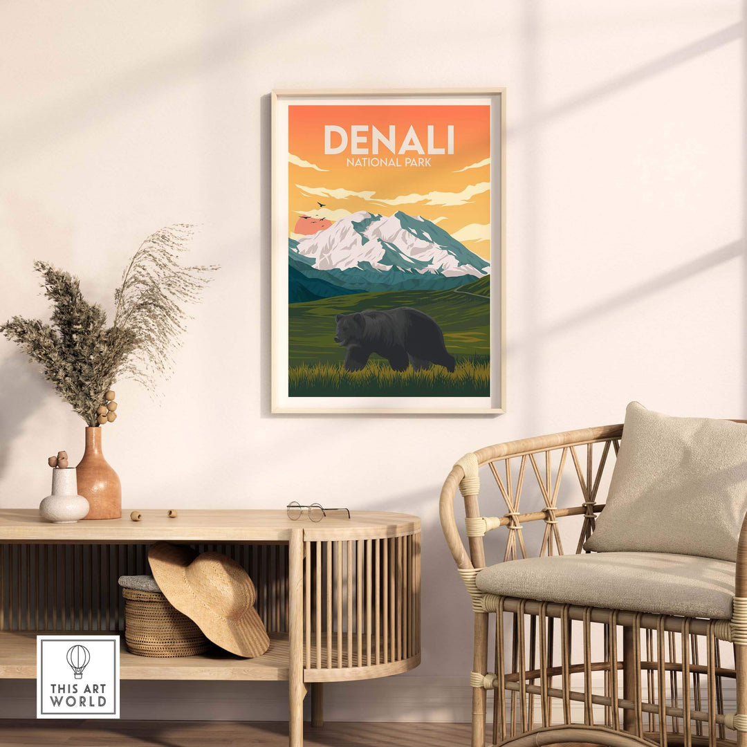 Denali National Park poster featuring mountains and a bear, perfect for nature lovers and stylish home decor.