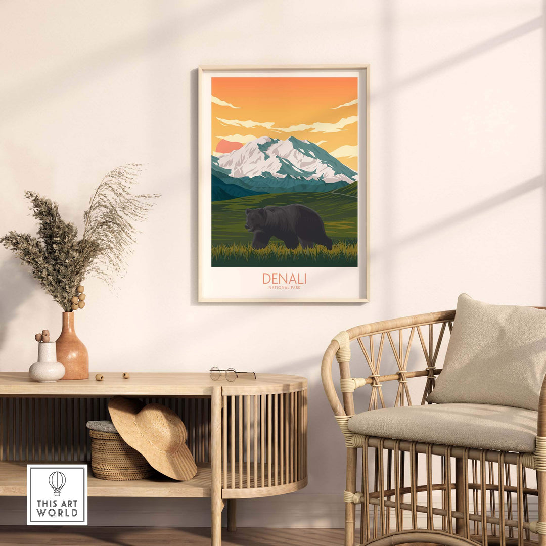 Denali National Park art print featuring a bear and mountains, displayed in a stylish home interior.