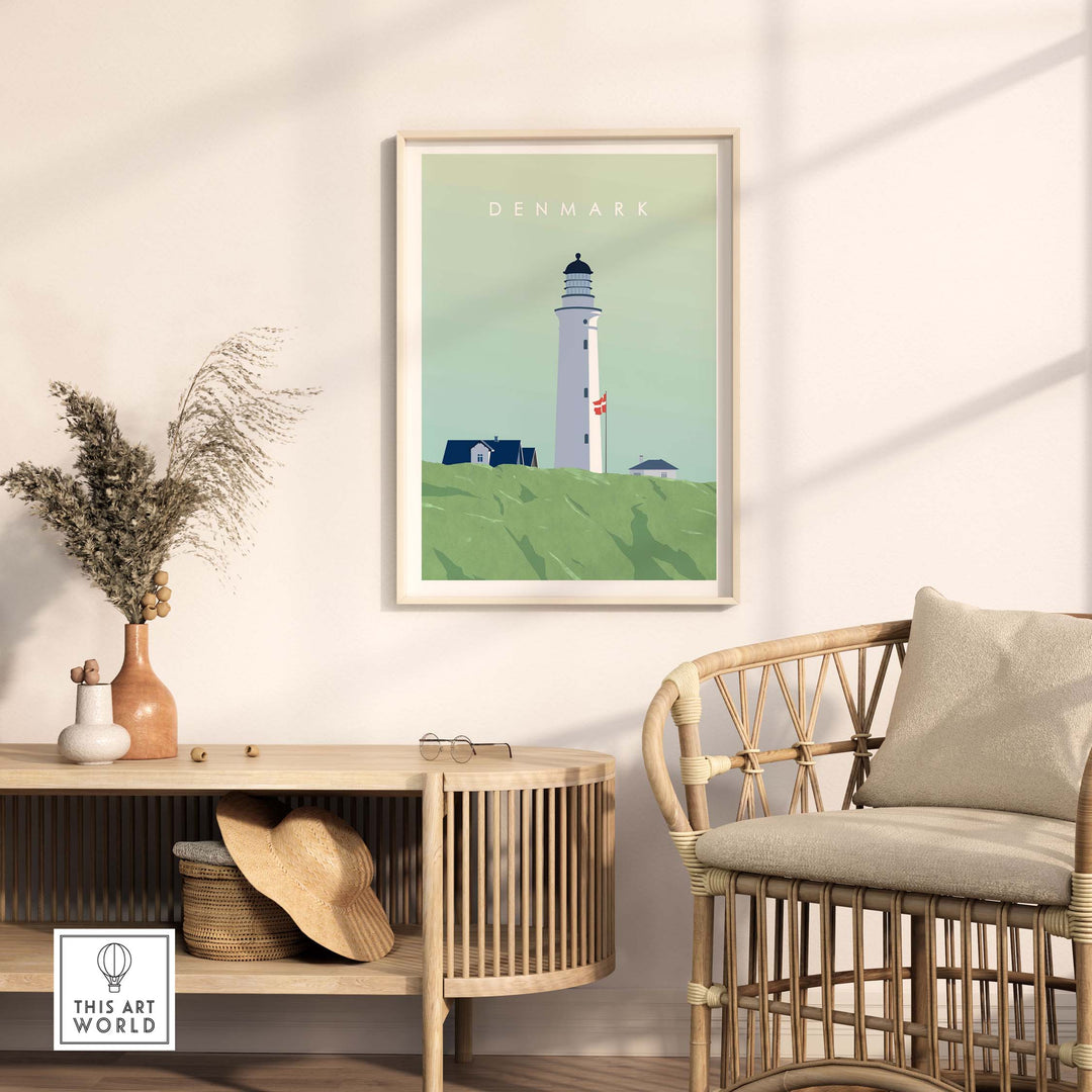Denmark Print Wall Art Poster featuring a lighthouse in a serene setting, perfect for home or office decor.