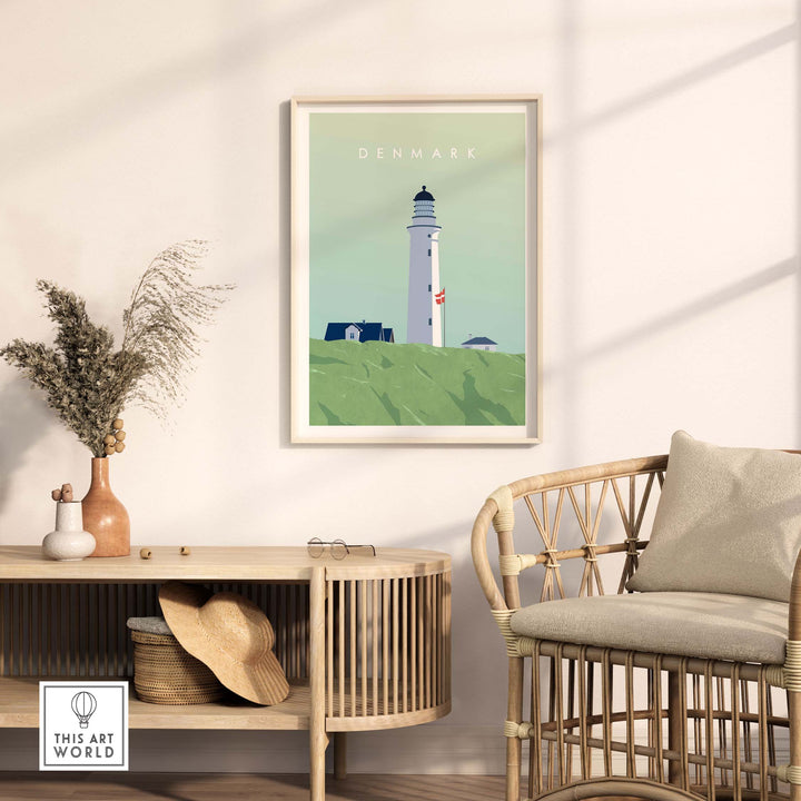Denmark Print Wall Art Poster featuring a lighthouse in a serene setting, perfect for home or office decor.