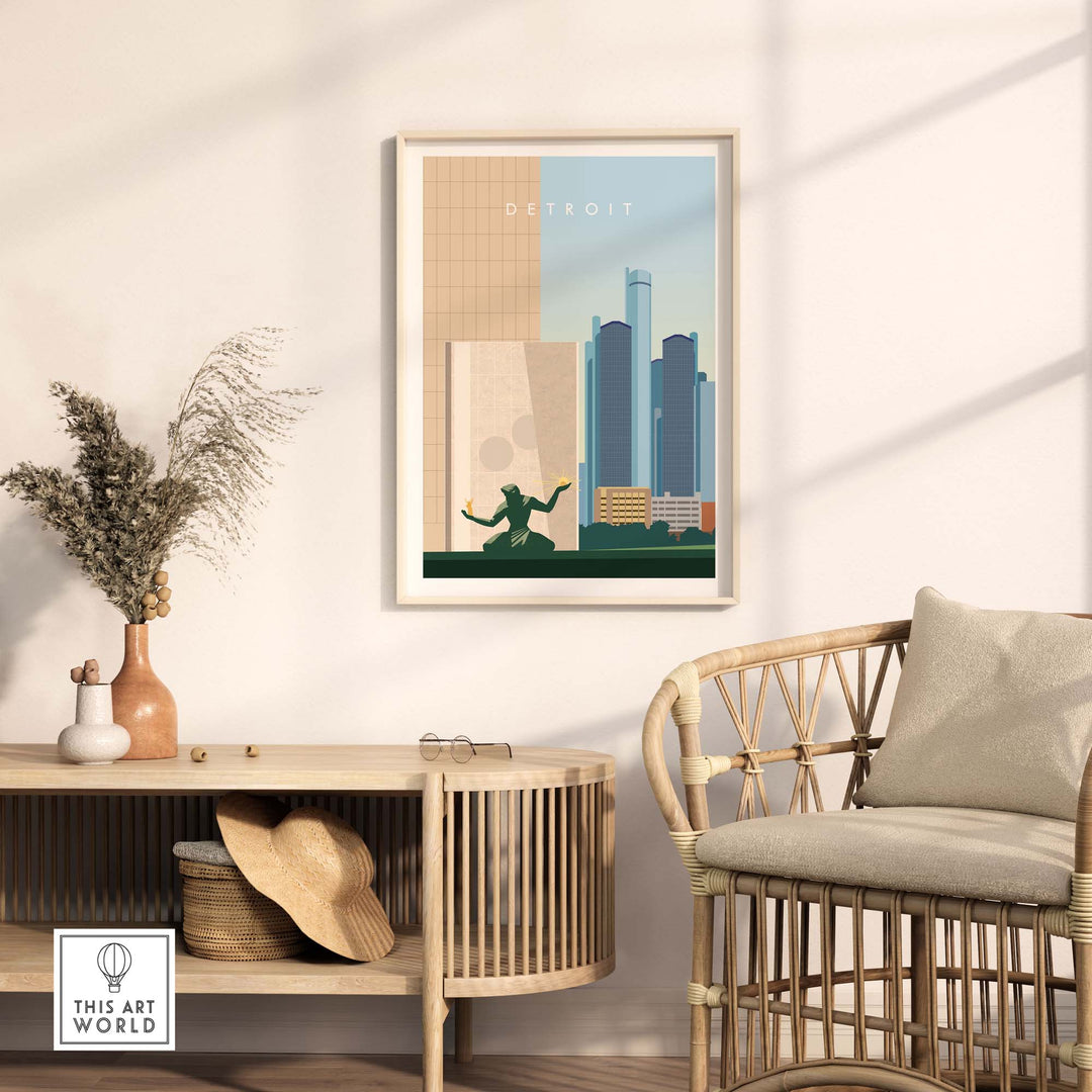 Detroit travel poster print in a modern living space with stylish decor and natural light.