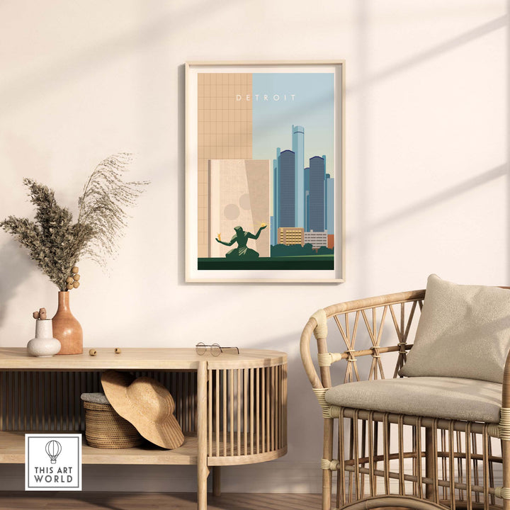 Detroit travel poster print in a modern living space with stylish decor and natural light.