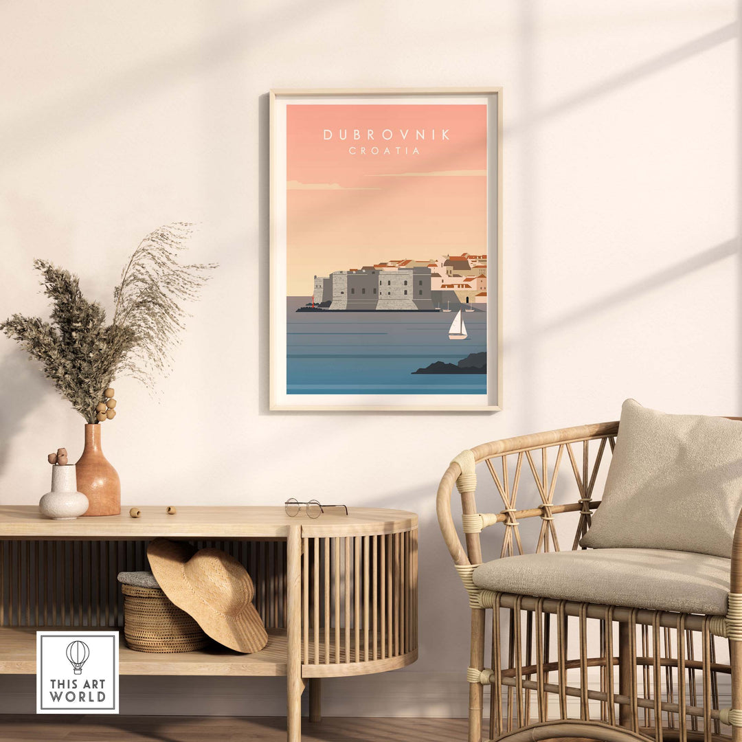 Dubrovnik Print Wall Art Poster showcasing the serene landscape and vintage style of Croatia's coast, framed elegantly.