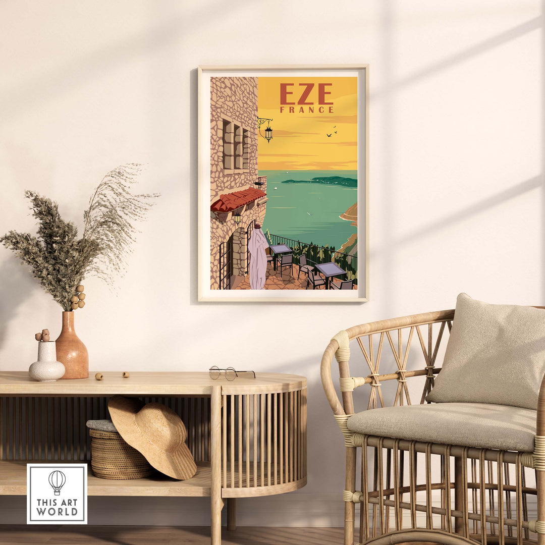 Eze France poster print displayed on a wall, capturing the essence of Cote d'Azur travel art for home decor.