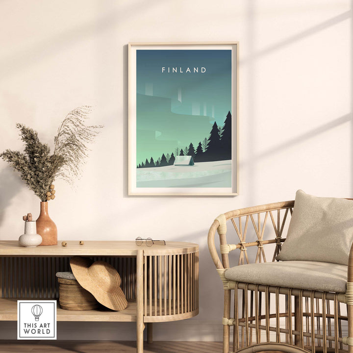 Finland print wall art poster featuring a serene winter landscape with Northern Lights.