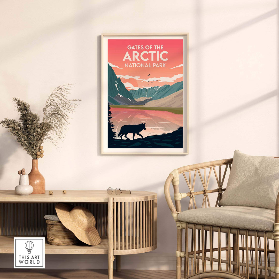 Gates of the Arctic National Park poster in a stylish living room setting, highlighting vintage travel art.