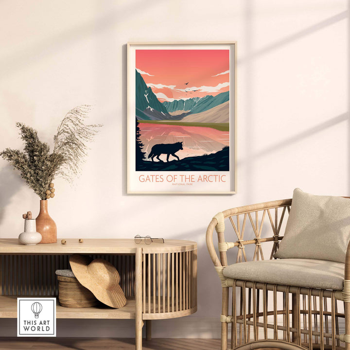 Gates of the Arctic National Park poster art print displayed in a stylish interior setting with modern decor.