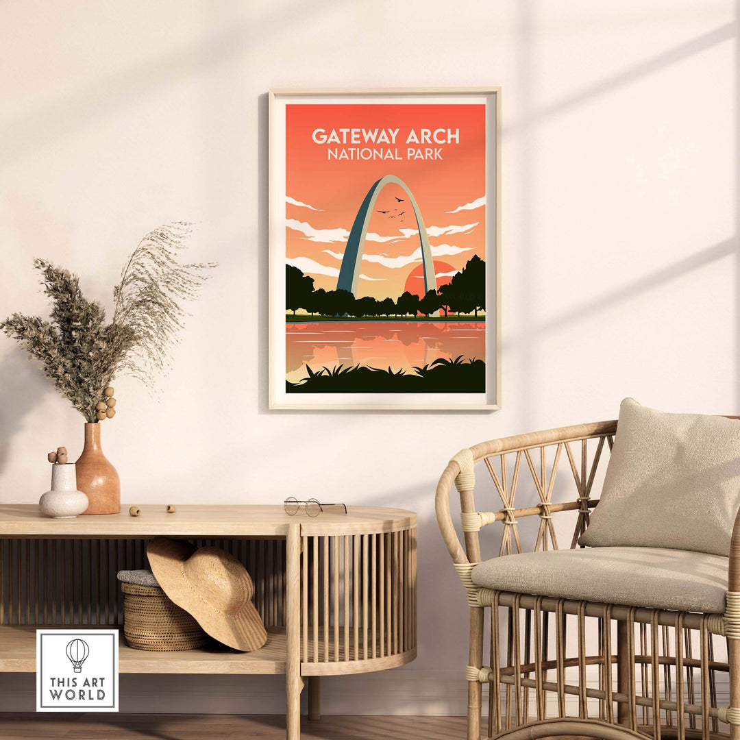 Gateway Arch Print showcasing vintage travel art in a stylish living room setting with natural decor.
