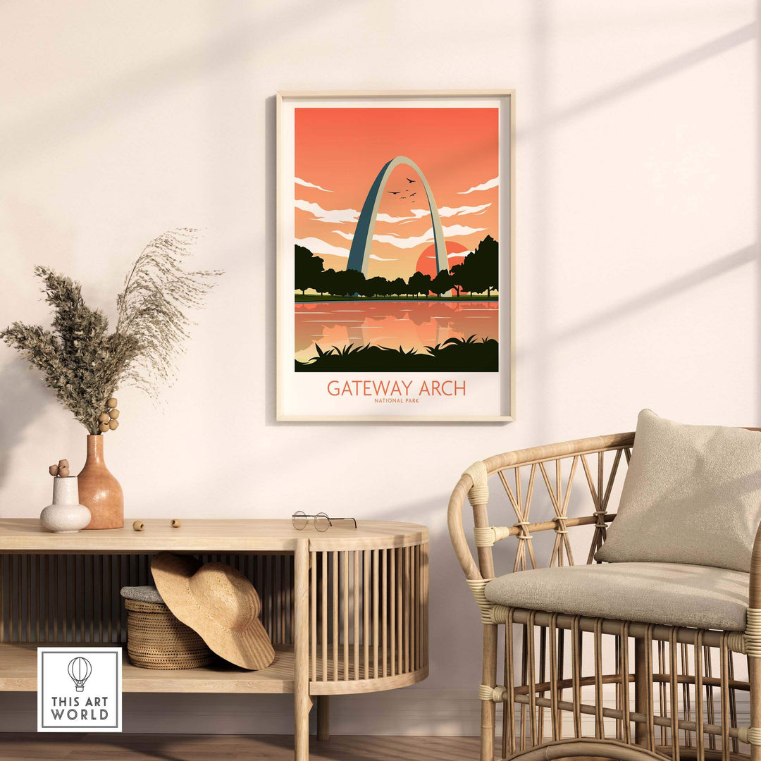 Gateway Arch National Park poster in a minimalist style, displayed in a stylish home setting with natural decor.