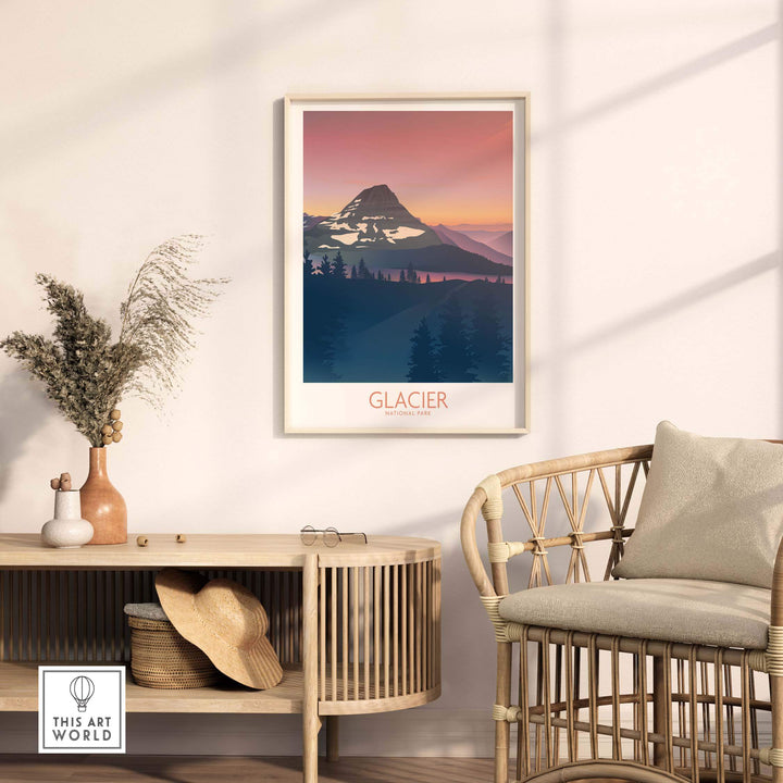 Elegant Glacier National Park art print displayed in a modern living room setting.