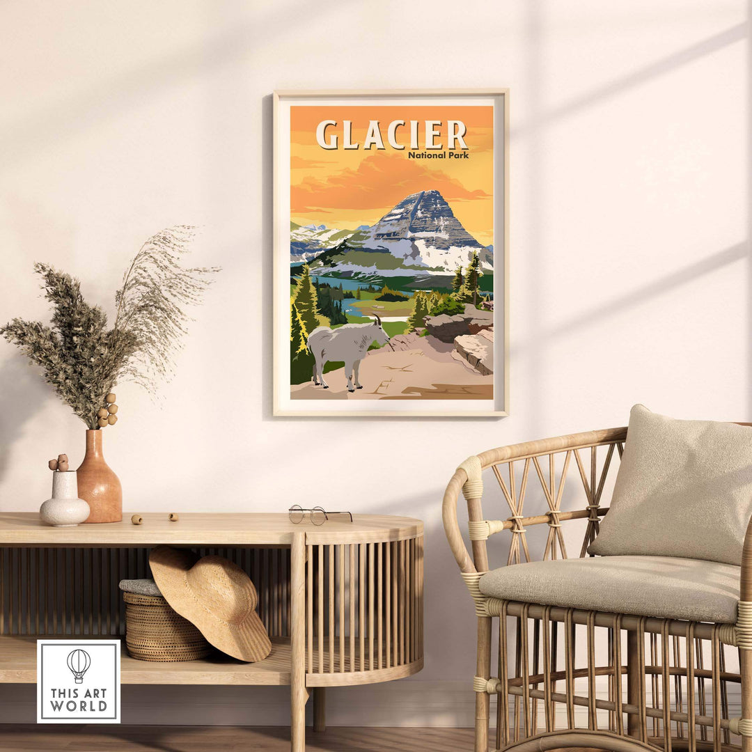Glacier National Park vintage poster print in stylish home interior decor setting, showcasing mountains and wildlife.