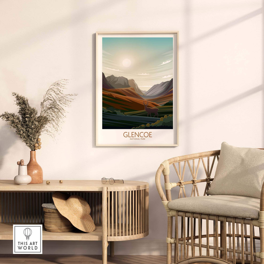Glencoe National Park art print in a modern frame, featuring serene landscapes and minimalist design, perfect for home decor.