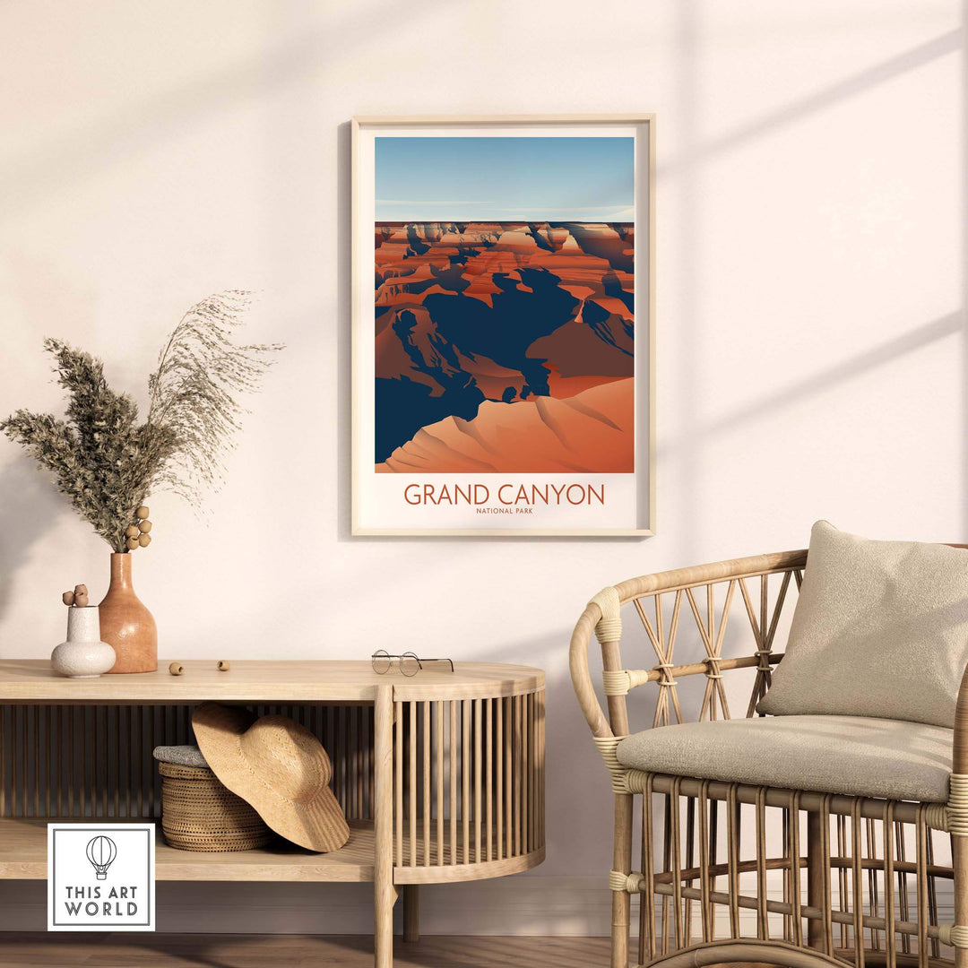 Grand Canyon National Park art print displayed in a cozy living room setting with stylish furniture and decor.