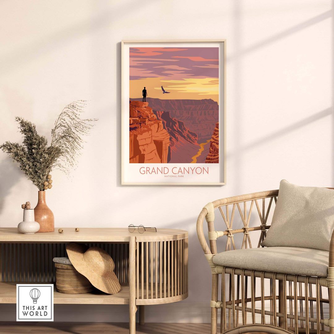 Grand Canyon vintage poster print in a stylish living room setting with natural decor and warm sunset colors.