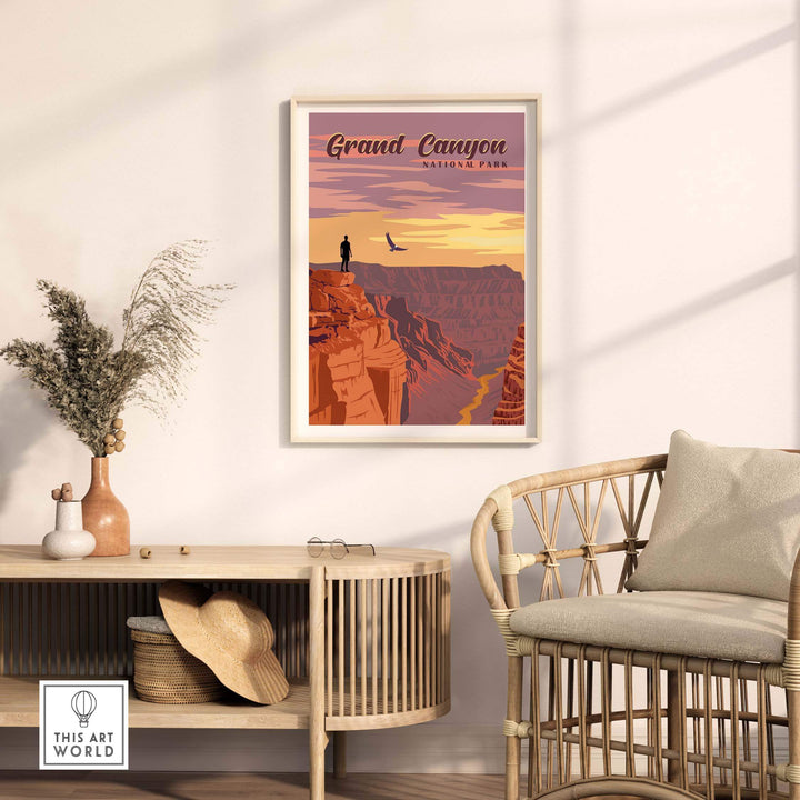 Framed Grand Canyon National Park print in a stylish living room setting, showcasing vintage travel art and the outdoors.