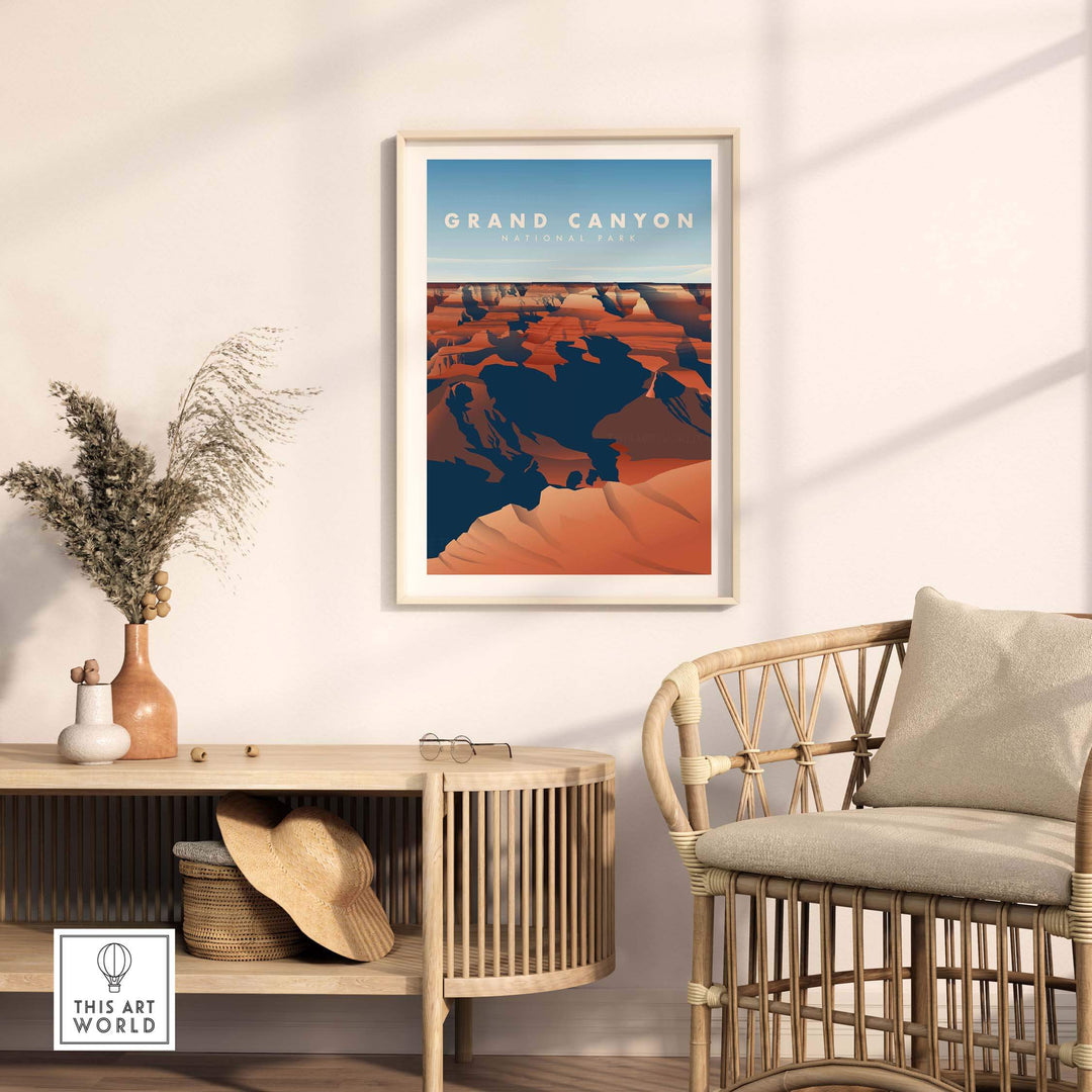 Grand Canyon National Park art print in a stylish living room setting, featuring vintage travel poster design.