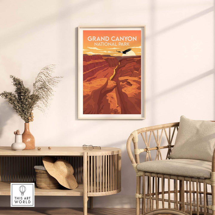 Grand Canyon National Park poster framed on wall, showcasing minimalist art and warm colors in stylish living room setting.