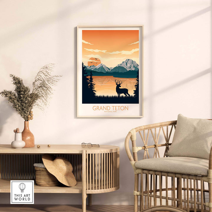 Grand Teton National Park poster showcasing minimalist design with mountains and deer in warm sunset colors.