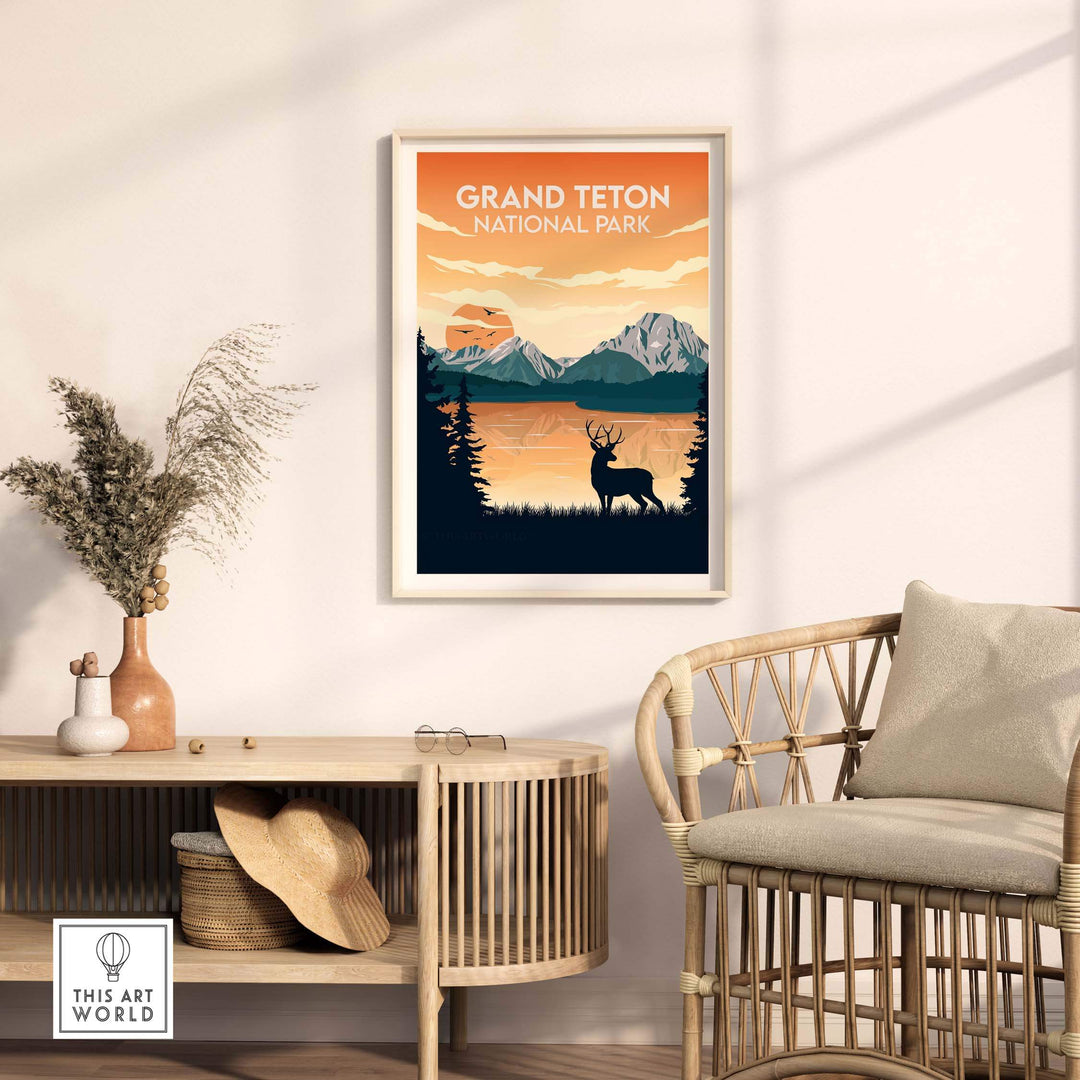 Grand Teton National Park poster featuring mountains and a deer silhouette in a stylish interior setting.