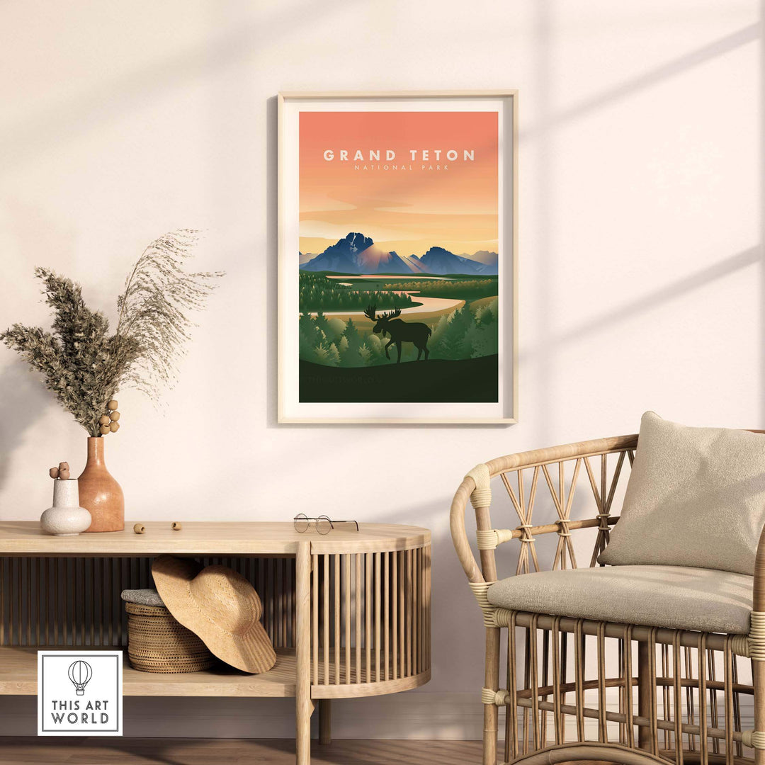 Framed Grand Teton National Park art print featuring a scenic mountain and river landscape, perfect for home decor.