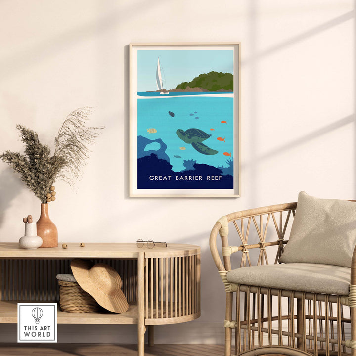 Great Barrier Reef print showcasing vibrant sea life, framed in a modern living space with minimalist decor.