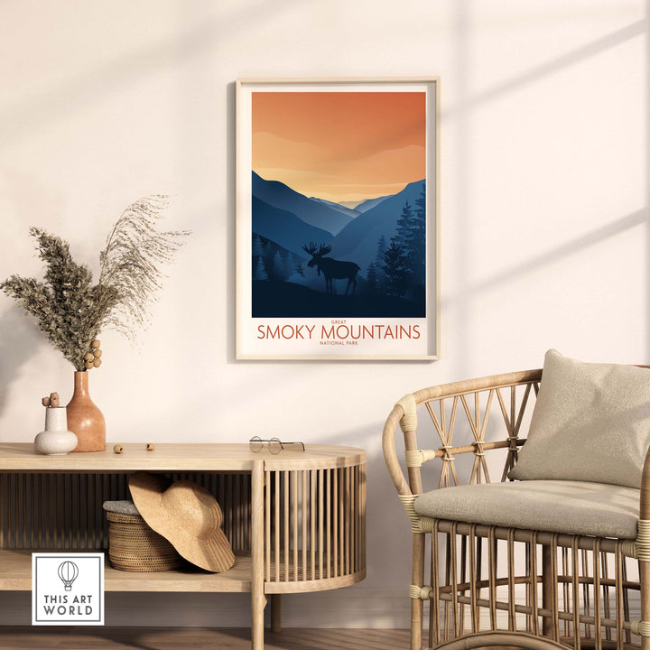 Smoky Mountains National Park art print featuring minimalist design and elk in a styled living room.