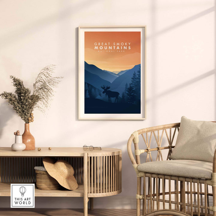 Framed Great Smoky Mountains art print in a modern living room setting with natural decor.