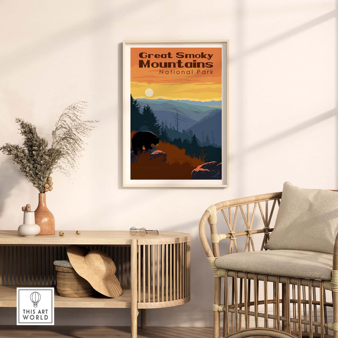 Great Smoky Mountains National Park print in a stylish living space with natural decor.