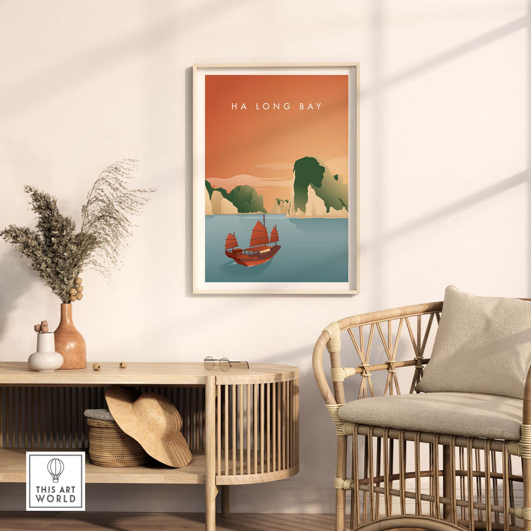 Ha Long Bay wall art poster featuring vintage-inspired design, displayed in a modern living room setting.