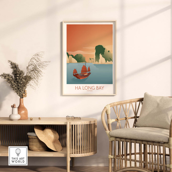Ha Long Bay Wall Art Vietnam print framed in a stylish interior with rattan furniture and decor.