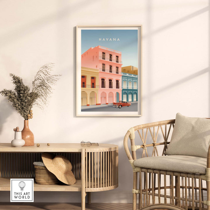 Havana Wall Art Poster featuring vintage-style buildings in soft pastel colors, framed in a stylish living room setting.