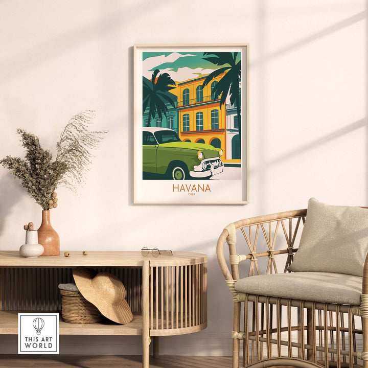 Havana Cuba poster print featuring vintage car and tropical setting, ideal for stylish home decor.