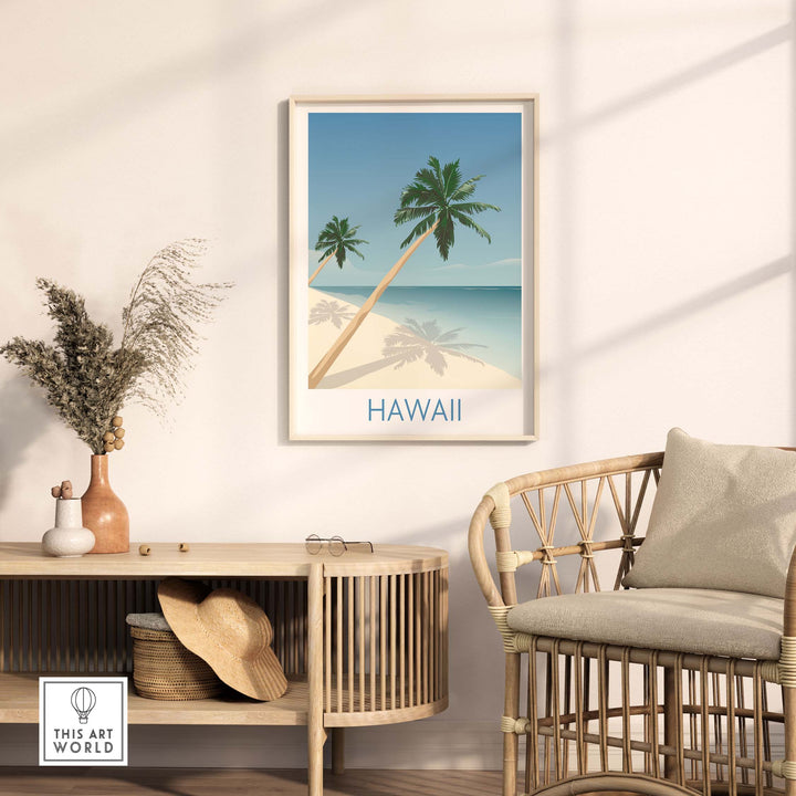 Hawaii Beach Wall Art Print featuring palm trees and serene ocean view, perfect for home or office decor.