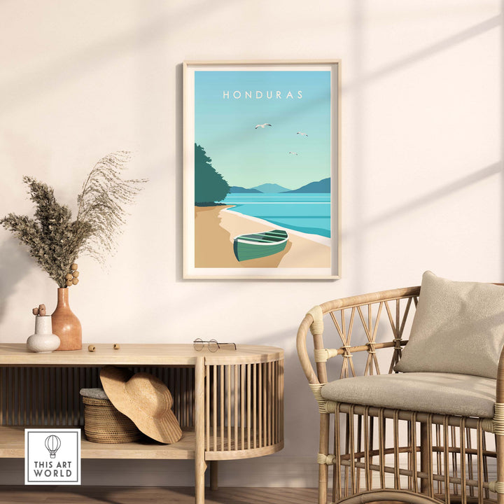 Honduras travel print featuring a serene beach scene with a boat, perfect for home or office decor.