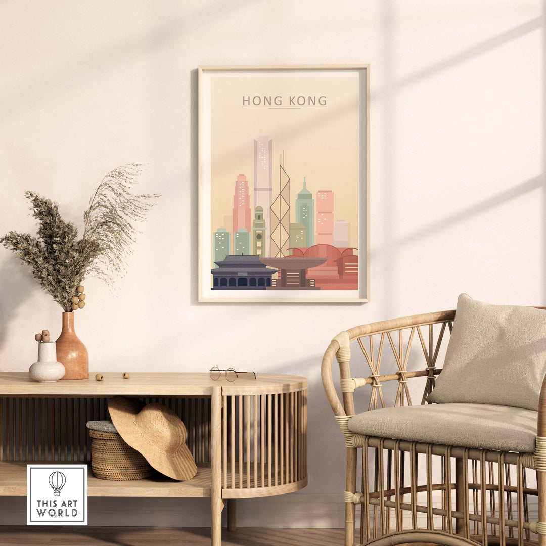 Hong Kong skyline wall art print in warm pastel tones displayed in a modern interior with a rattan chair.