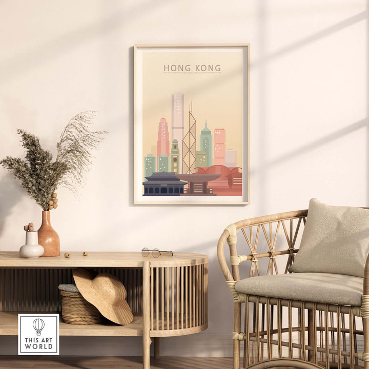 Hong Kong skyline wall art print in warm pastel tones displayed in a modern interior with a rattan chair.