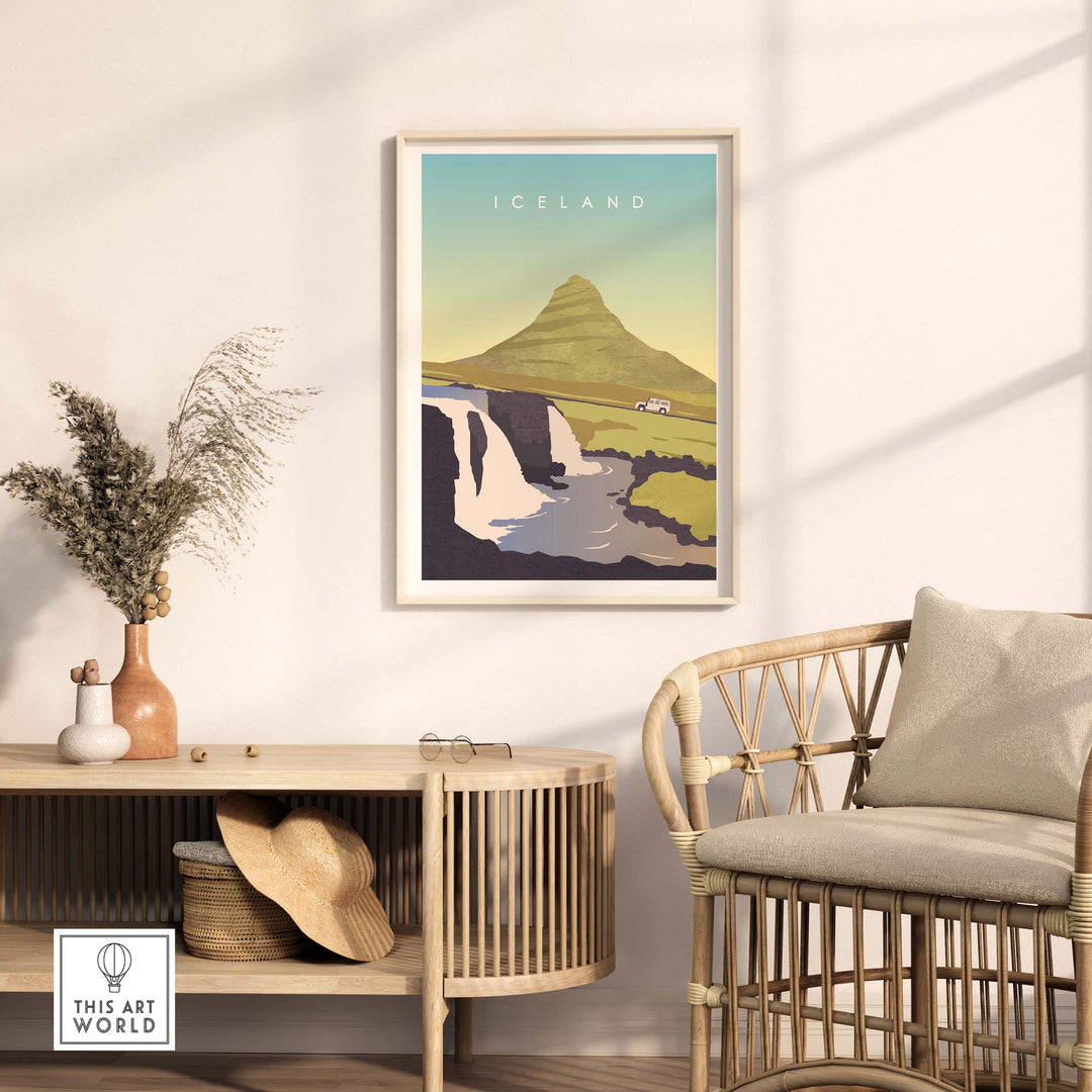 Iceland Print Wall Art Poster featuring vibrant Icelandic landscapes in a modern interior setting.
