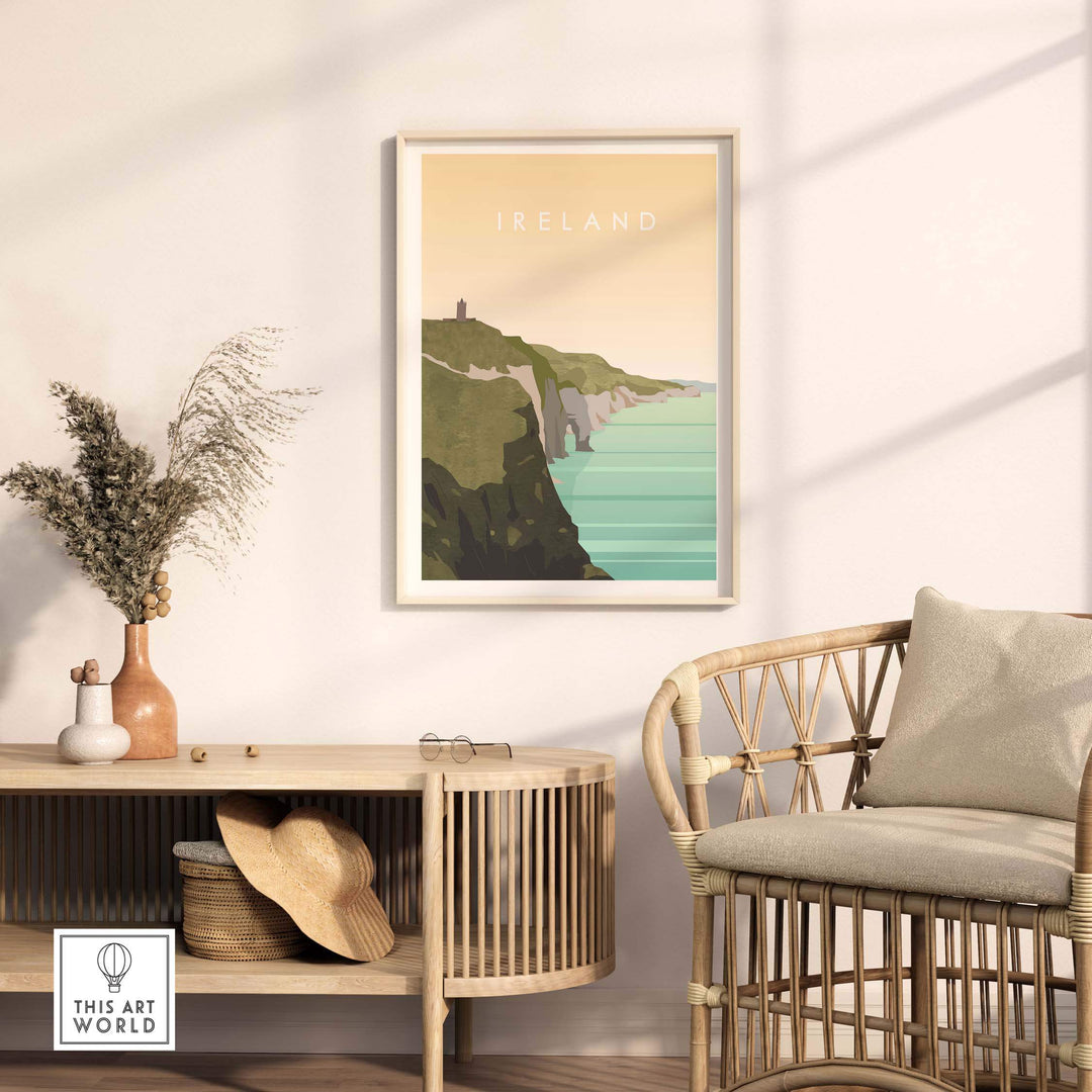 Ireland print wall art travel poster featuring coastal cliffs and serene waters, styled in a modern living space.