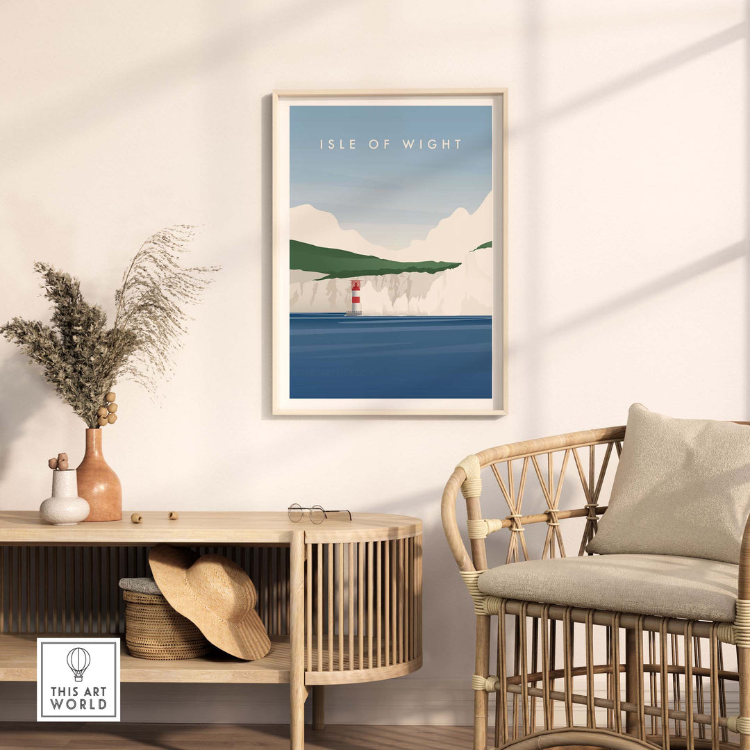 Isle of Wight wall art poster in a modern living room setting, framed and styled with a rattan chair and decor.