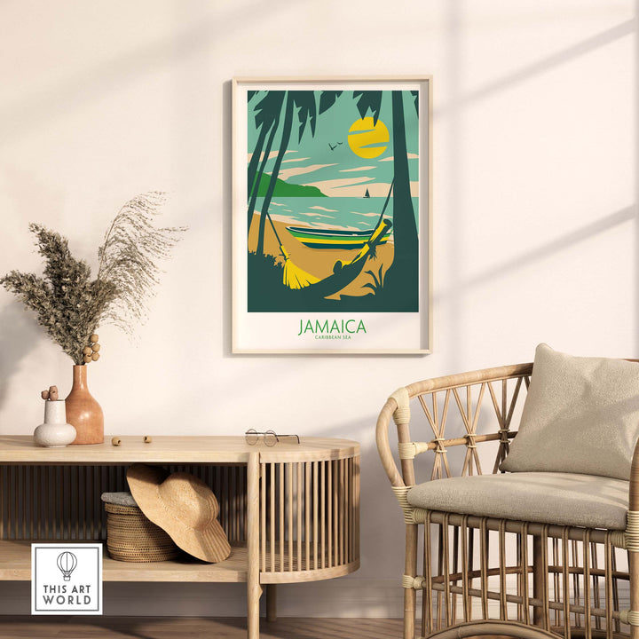Stylish Jamaica Retro Poster in a modern living room with rattan furniture and greenery.