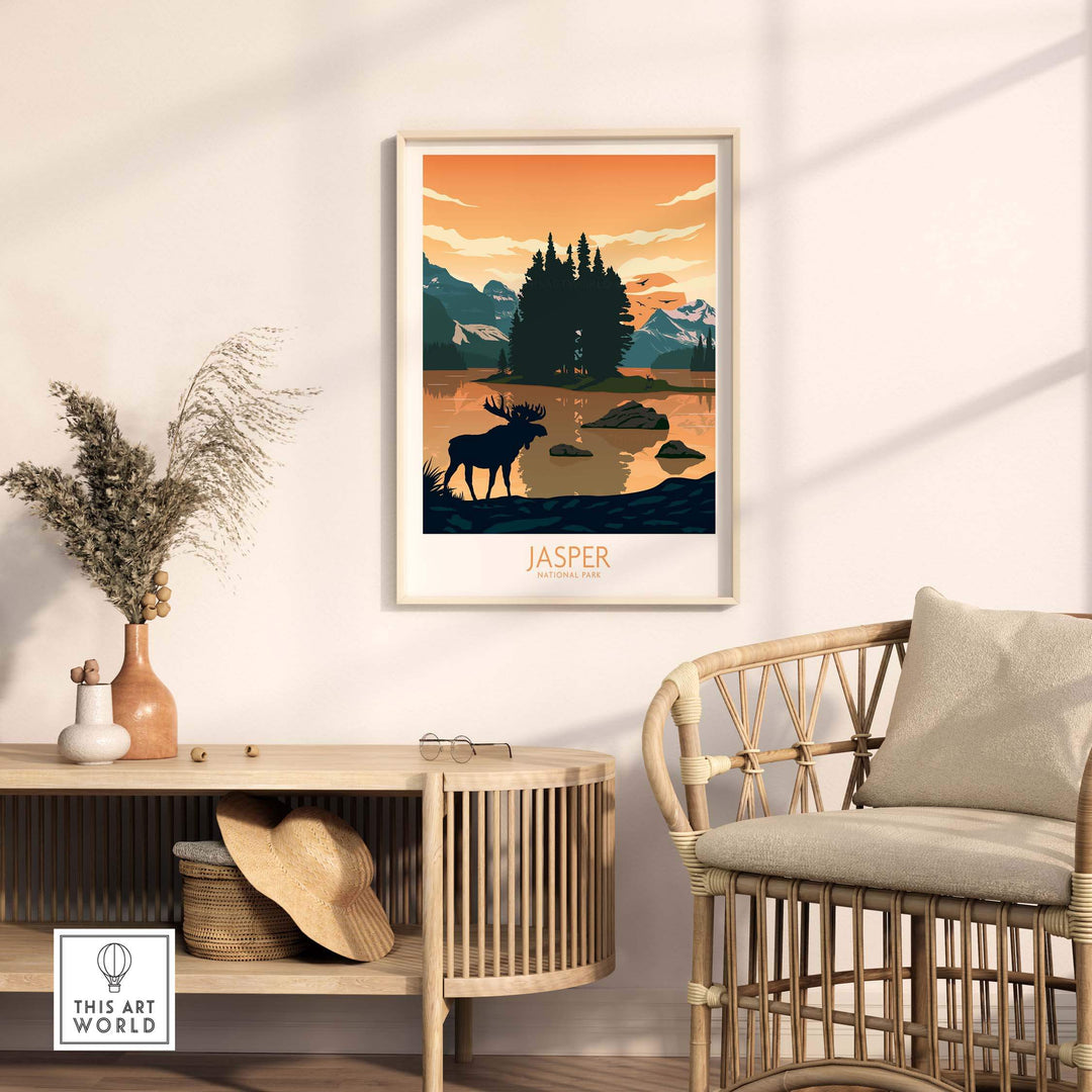 Jasper National Park poster art print featuring a moose, mountains, and sunset colors in a stylish interior setting.